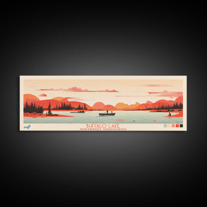 Buffalo Lake Northwest Territories Framed Canvas Print, Pop Art Panoramic Travel Poster, Midcentury Modern, Wall Art, Scenic Nature Painting, Bedroom Decor