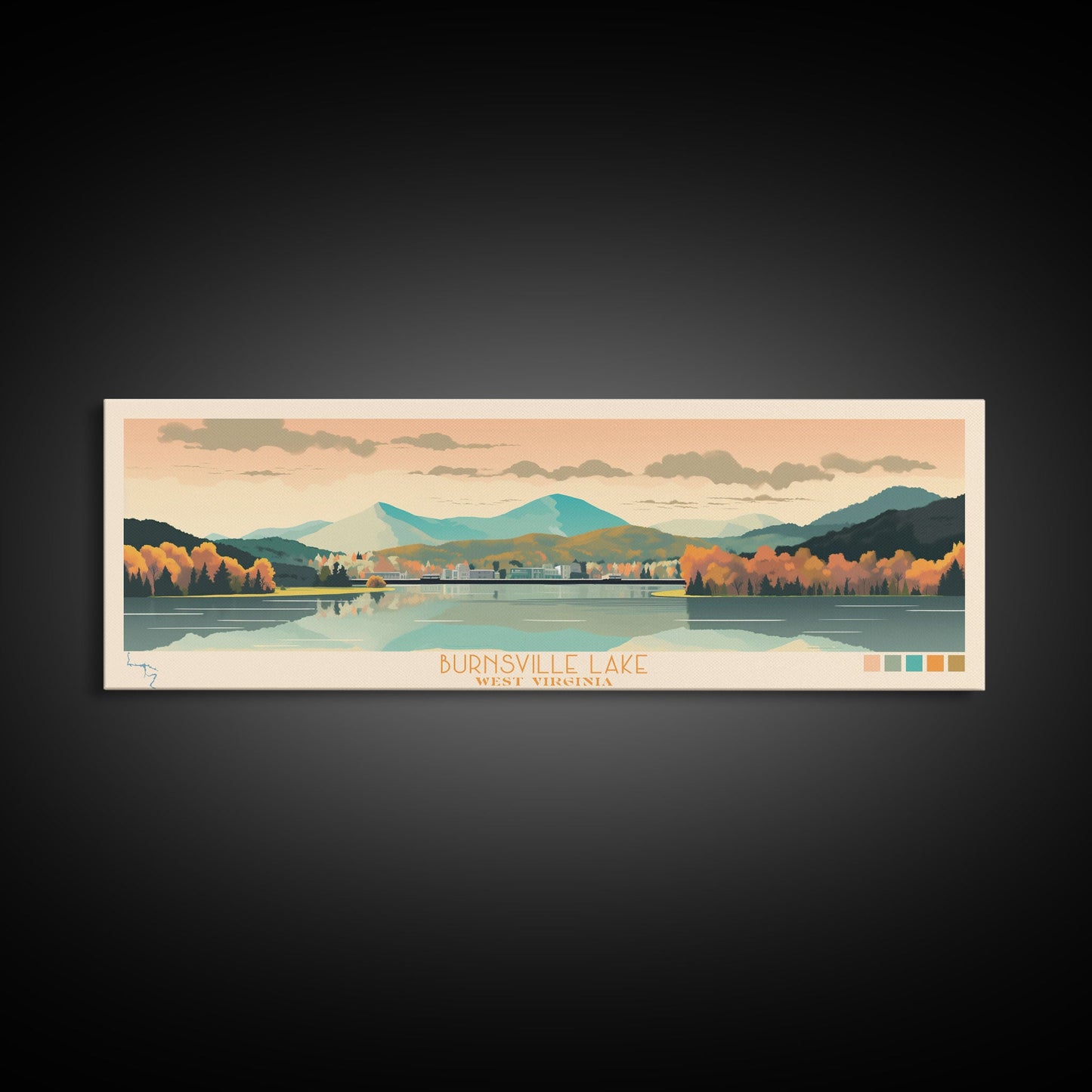 Burnsville Lake West Virginia Framed Canvas Print, Midcentury Modern Panoramic Wall Art, Living Room Decor, Pop Art, Travel Poster Art, Scenic Nature Painting
