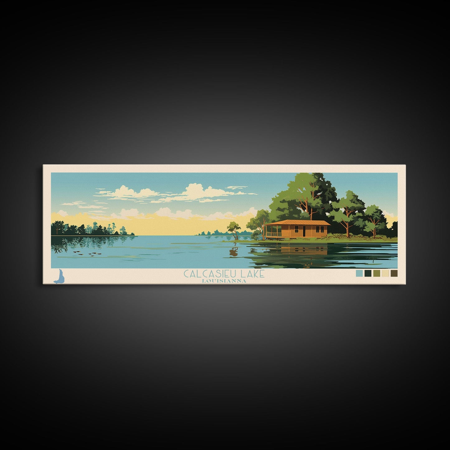 Calcasieu Lake Louisianna Framed Canvas Print, Pop Art Panoramic Travel Poster, Midcentury Modern, Wall Art, Scenic Nature Painting, Bedroom Decor