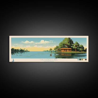 Calcasieu Lake Louisianna Framed Canvas Print, Pop Art Panoramic Travel Poster, Midcentury Modern, Wall Art, Scenic Nature Painting, Bedroom Decor