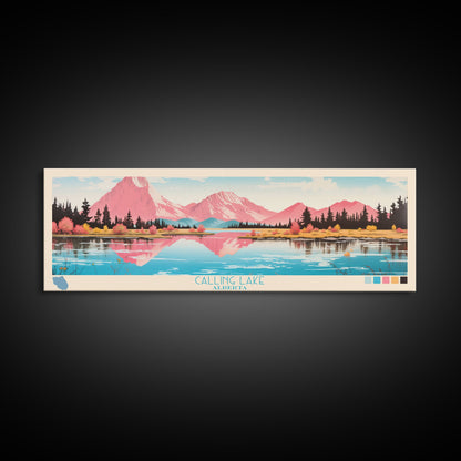 Calling Lake Alberta Framed Canvas Print, Midcentury Modern Panoramic Wall Art, Living Room Decor, Pop Art, Travel Poster Art, Scenic Nature Painting