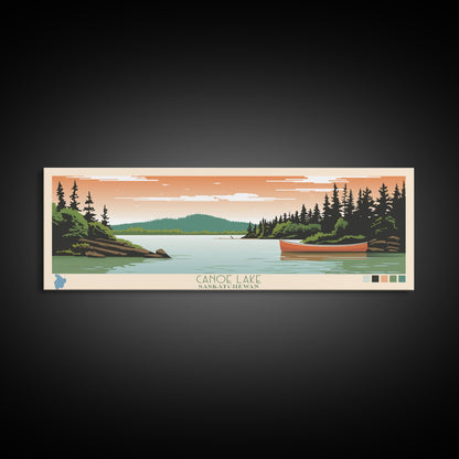 Canoe Lake Saskatchewan Framed Canvas Print, Midcentury Modern Panoramic Wall Art, Living Room Decor, Pop Art, Travel Poster Art, Scenic Nature Painting