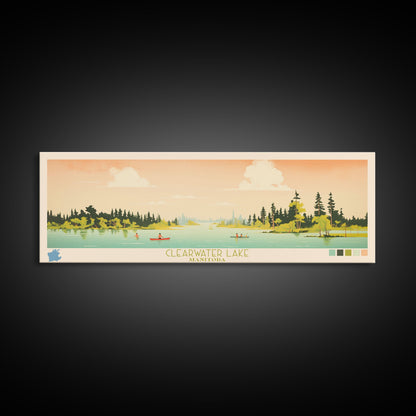 Clearwater Lake Manitoba Framed Canvas Print, Midcentury Modern Panoramic Wall Art, Living Room Decor, Pop Art, Travel Poster Art, Scenic Nature Painting, Lake House Decor