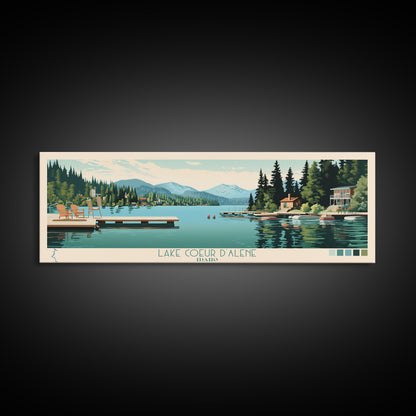 Lake Coeur dAlene Idaho Framed Canvas Print, Panoramic Art, Midcentury Modern, Pop Art, Living Room Wall Art, Travel Poster, Lake House Decor