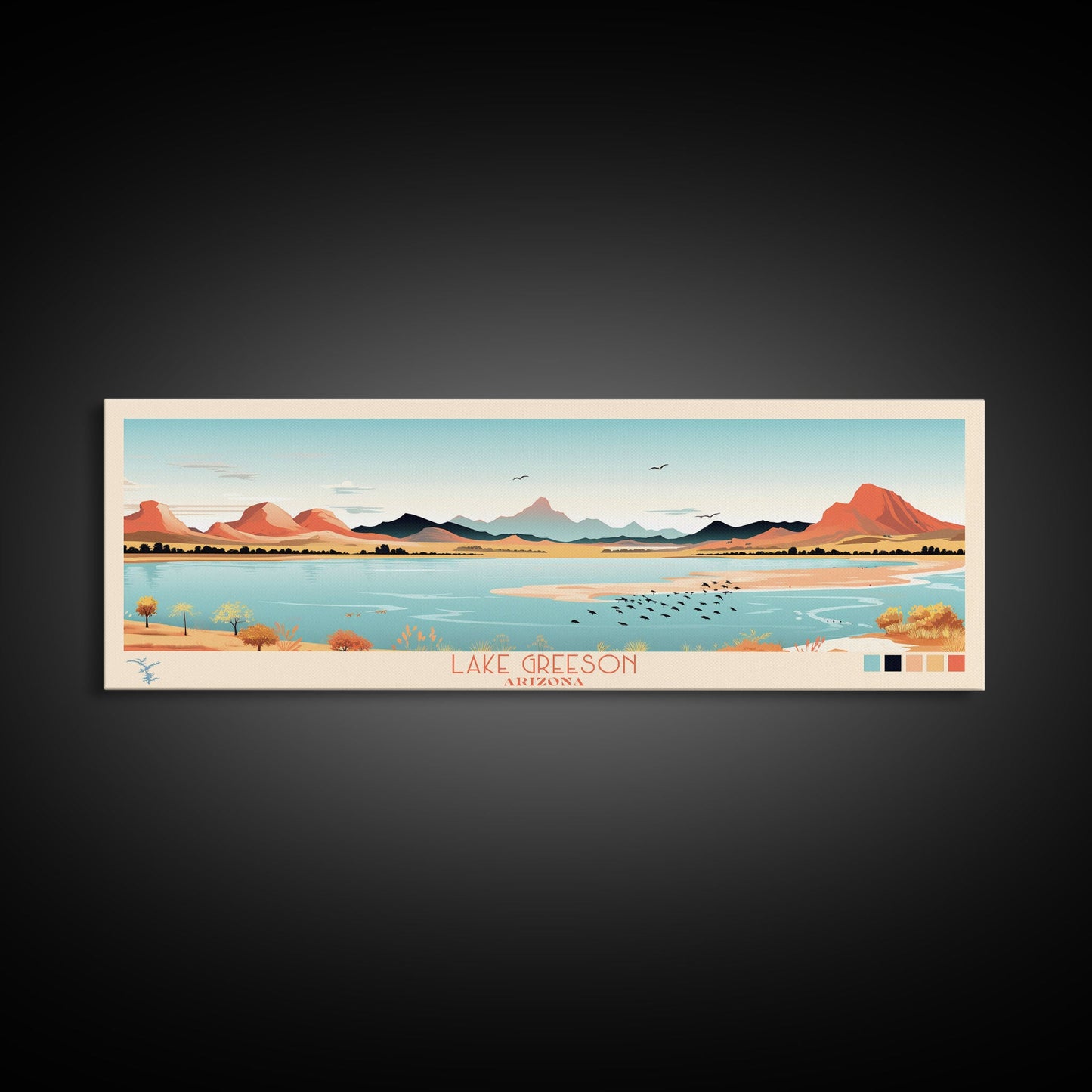 Leinwanddruck „Lake Greenson, Arizona“ mit Rahmen, Panorama-Wandbild, Midcentury Modern, Pop Art, Wohnzimmerdekoration, Reiseposter, Schlafzimmerkunst