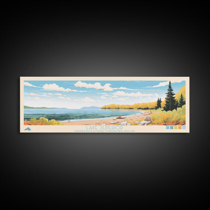 Lake Superior MinnesotaWisconsinMichigan Framed Canvas Print, Panoramic Wall Art, Midcentury Modern, Pop Art, Living Room Decor, Travel Poster, Lake House Art