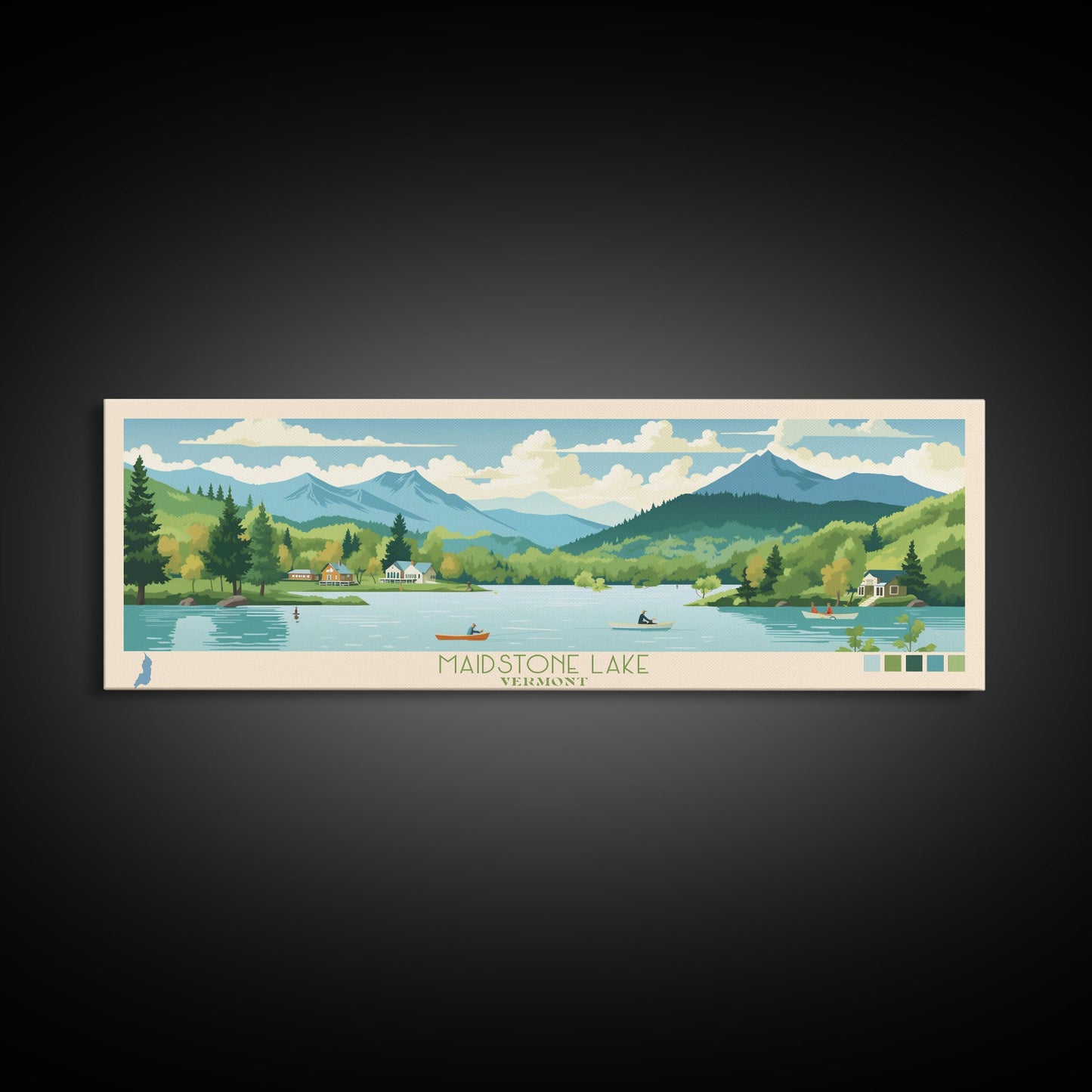 Panorama-Wandbild „Maidstone Lake, Vermont“ – gerahmter Leinwanddruck im Midcentury-Modern-Stil, Pop-Art-Stil, Wohndekoration, Reiseposter, Schlafzimmerkunst