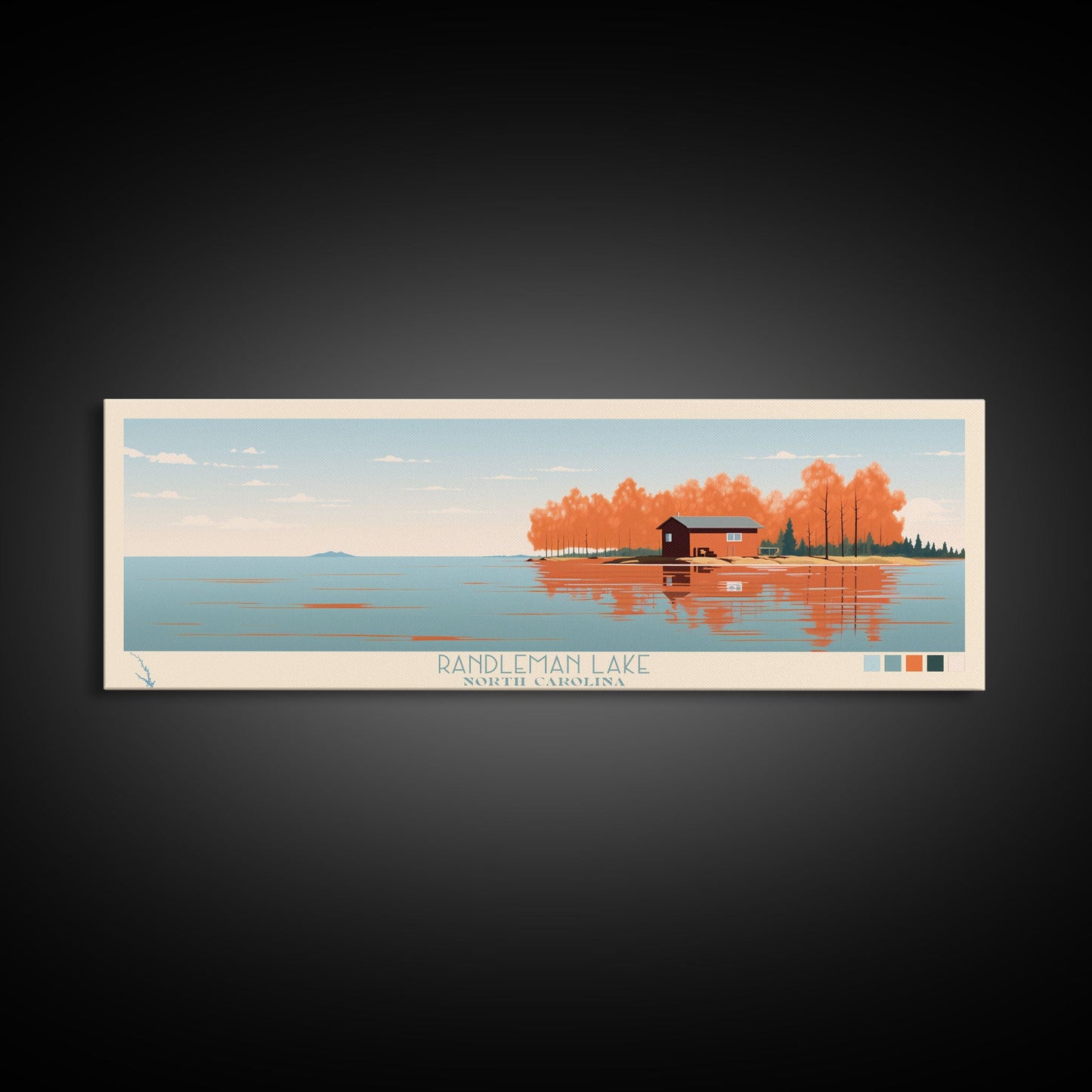 Randleman Lake, North Carolina Framed Canvas Print, Living Room Art, Midcentury Modern, Panoramic Wall Art, Pop Art, Travel Poster