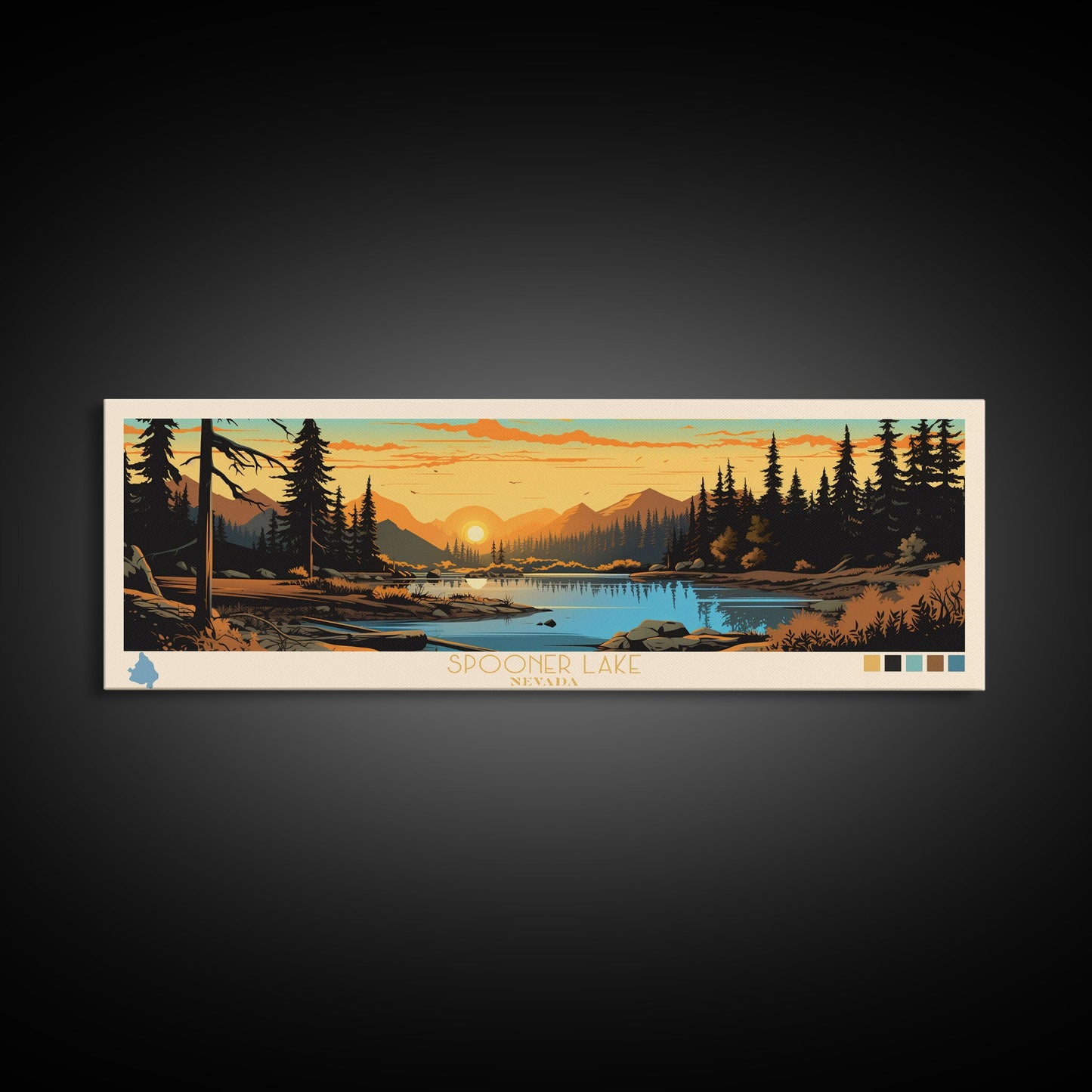 Spooner Lake, Nevada Framed Canvas Print, Lake House Decor, Midcentury Modern Art, Pop Art, Travel Poster, Bedroom Wall Art