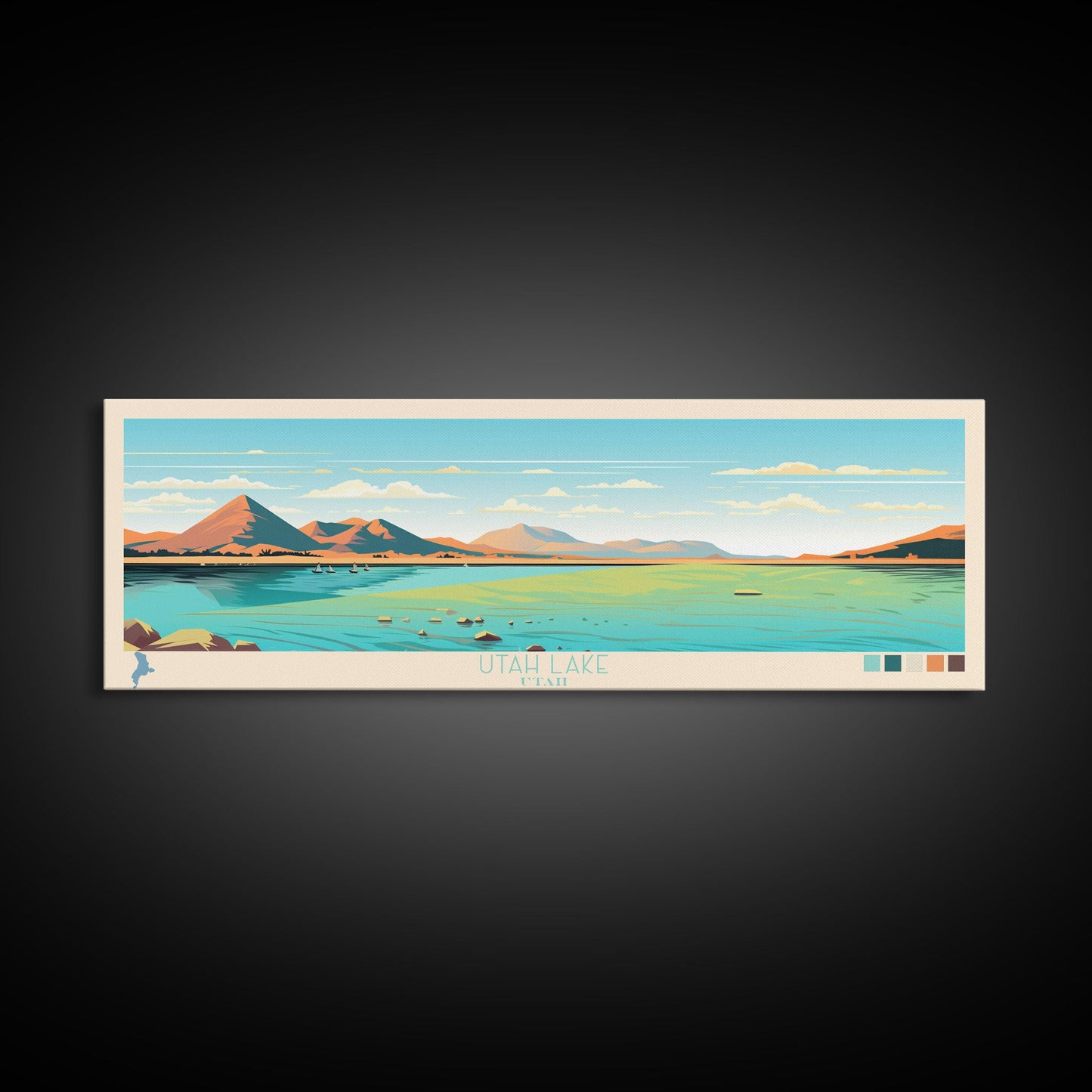 Utah Lake, Utah Framed Canvas Print, Panoramic Lake House Decor, Midcentury Modern Art, Pop Art, Travel Poster, Bedroom Wall Art