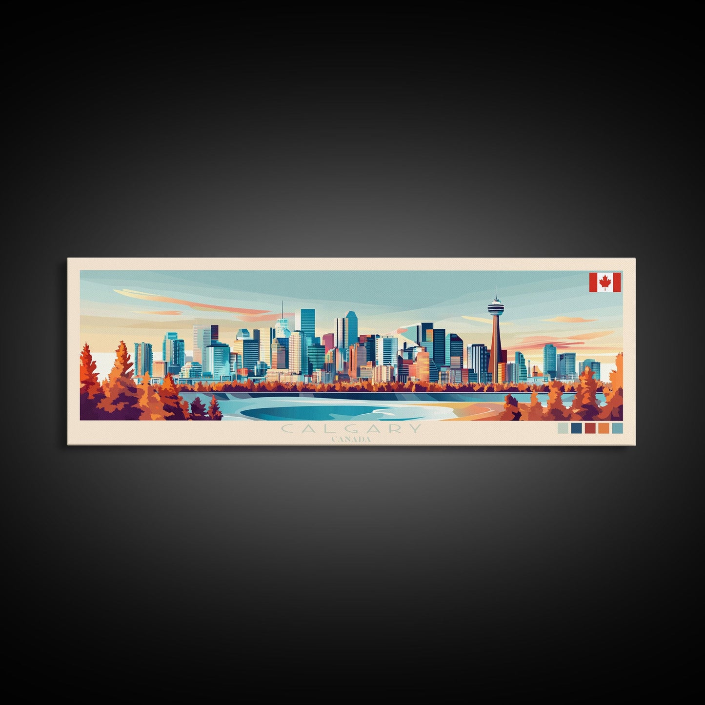 Calgary, Canada Panoramic Travel Poster Canvas Print, Calgary, Canada Painting, Canada Art, Calgary Travel Art, Living Room Painting