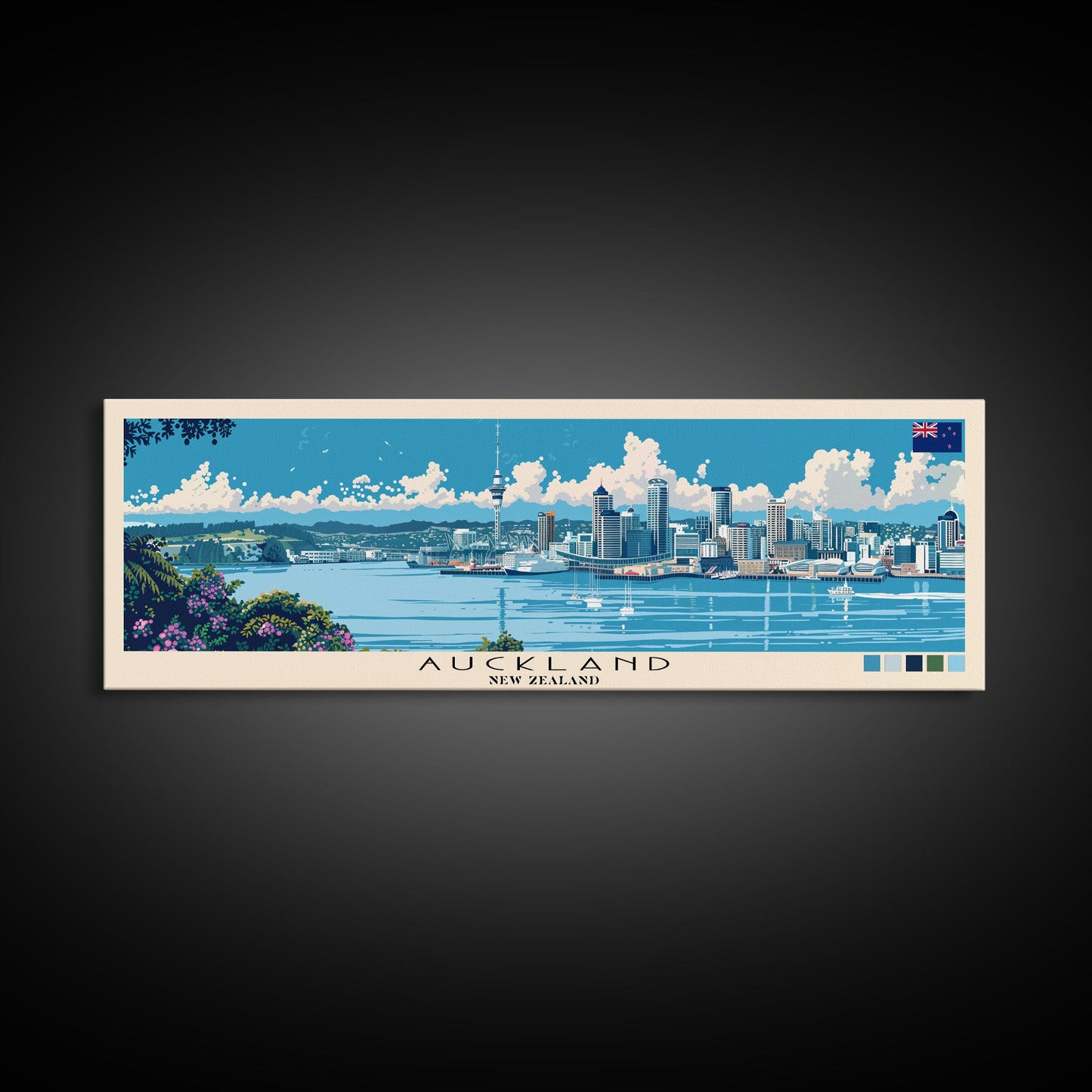 Panorama-Leinwanddruck Auckland, Neuseeland, Gemälde Auckland, Neuseeland, Kunst aus Neuseeland, Reiseposter Auckland, Reisekunst, Urlaubsgeschenk