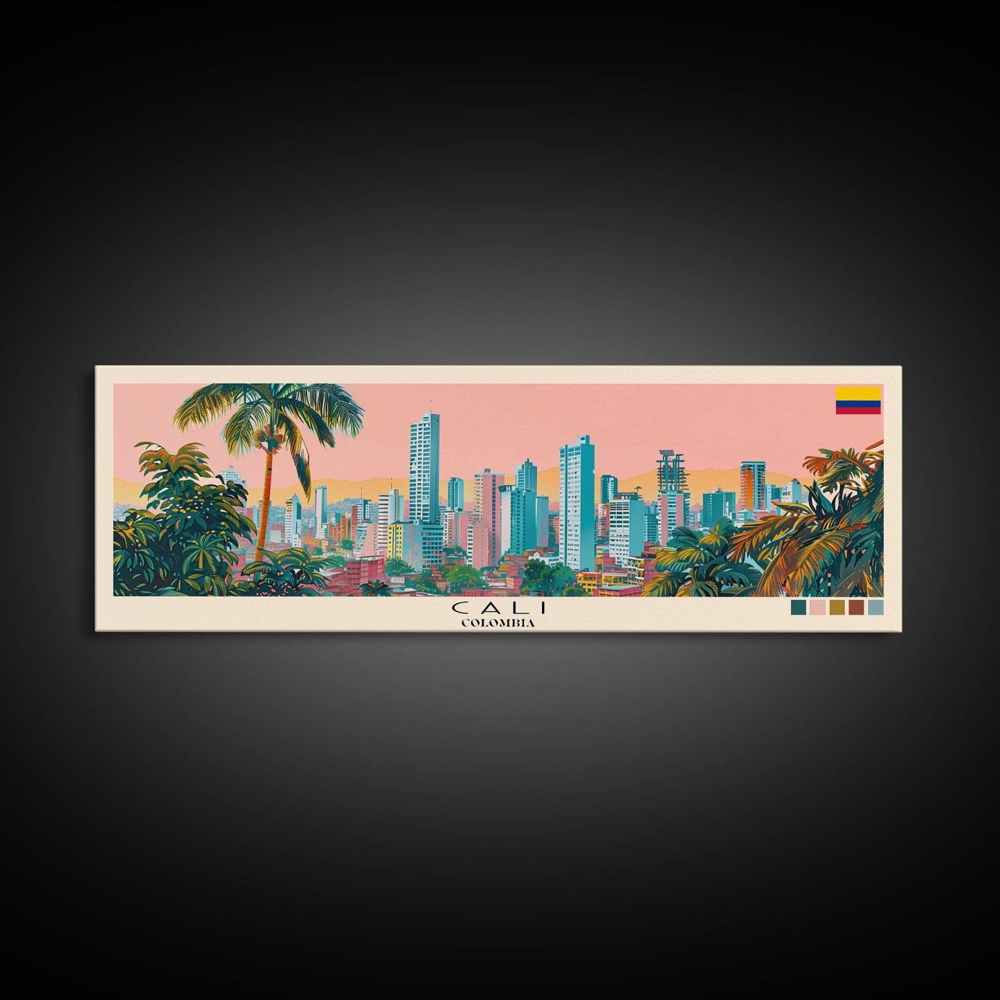 Cali, Colombia Panoramic Canvas Print, Cali, Colombia Painting, Colombia Art, Cali Travel Poster, Travel Art, Vacation Gift