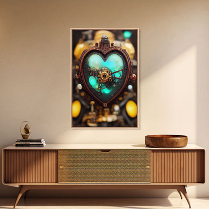 Steampunk Heart, Turquoise Crystal Heart, Framed Canvas Print, Ready To Hang Framed Wall Art, Living Room Wall Hanging