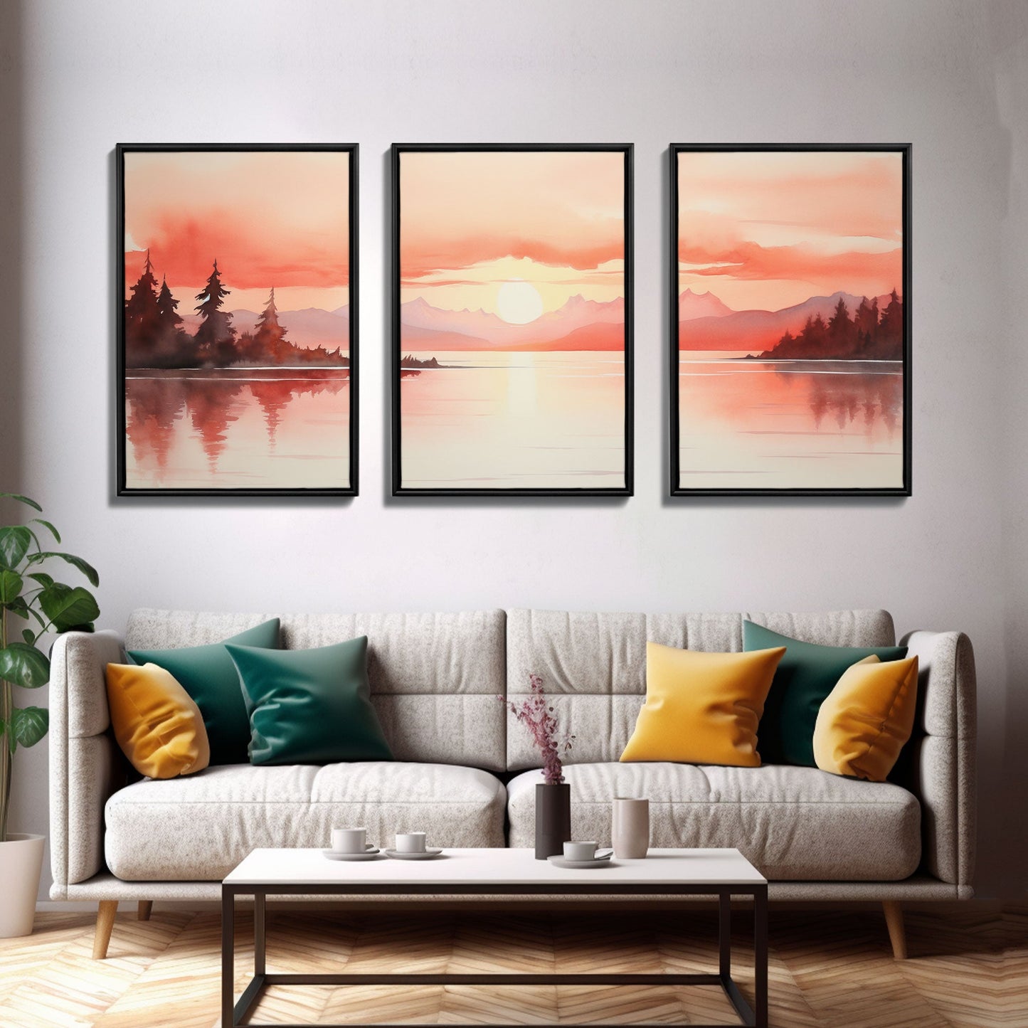 Beautiful Red Lake Sunset 3 Piece Framed Canvas Print Set, Above Sofa Art, Living Room Decor, Beautiful Wall Art, Watercolor Painting