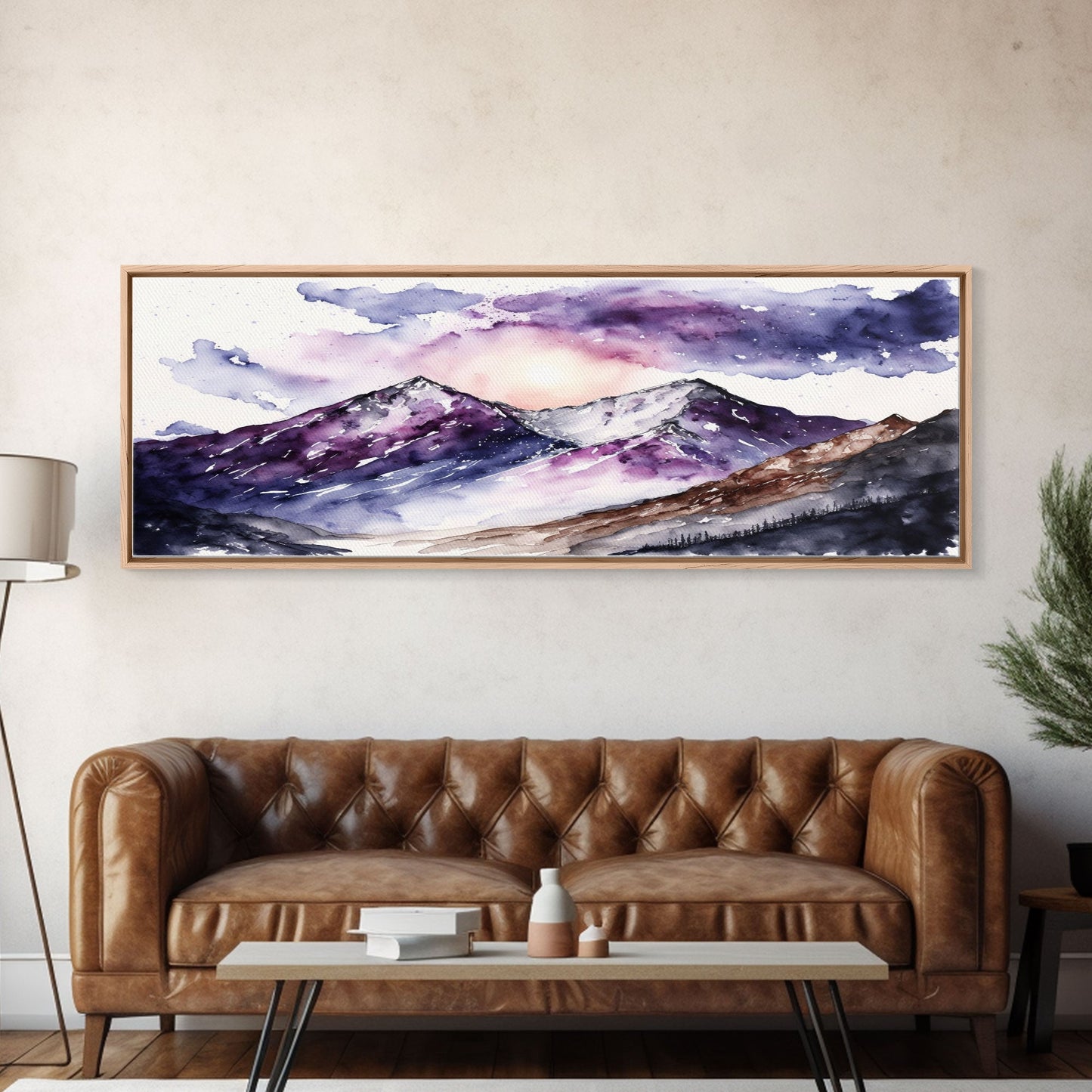 Framed Canvas Print of Majestic Mountain Landscape | Vibrant Hues | Watercolor Painting | Ready-to-Hang | Home Decor