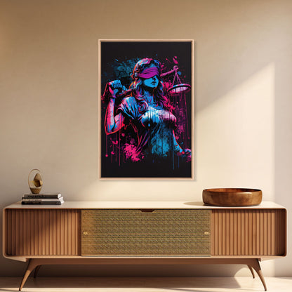 Graffiti art, lady justice, vaporwave cyberpunk justice is blind, fine art poster print