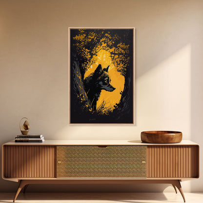 Watercolor of a wolf in the forest, framed canvas print