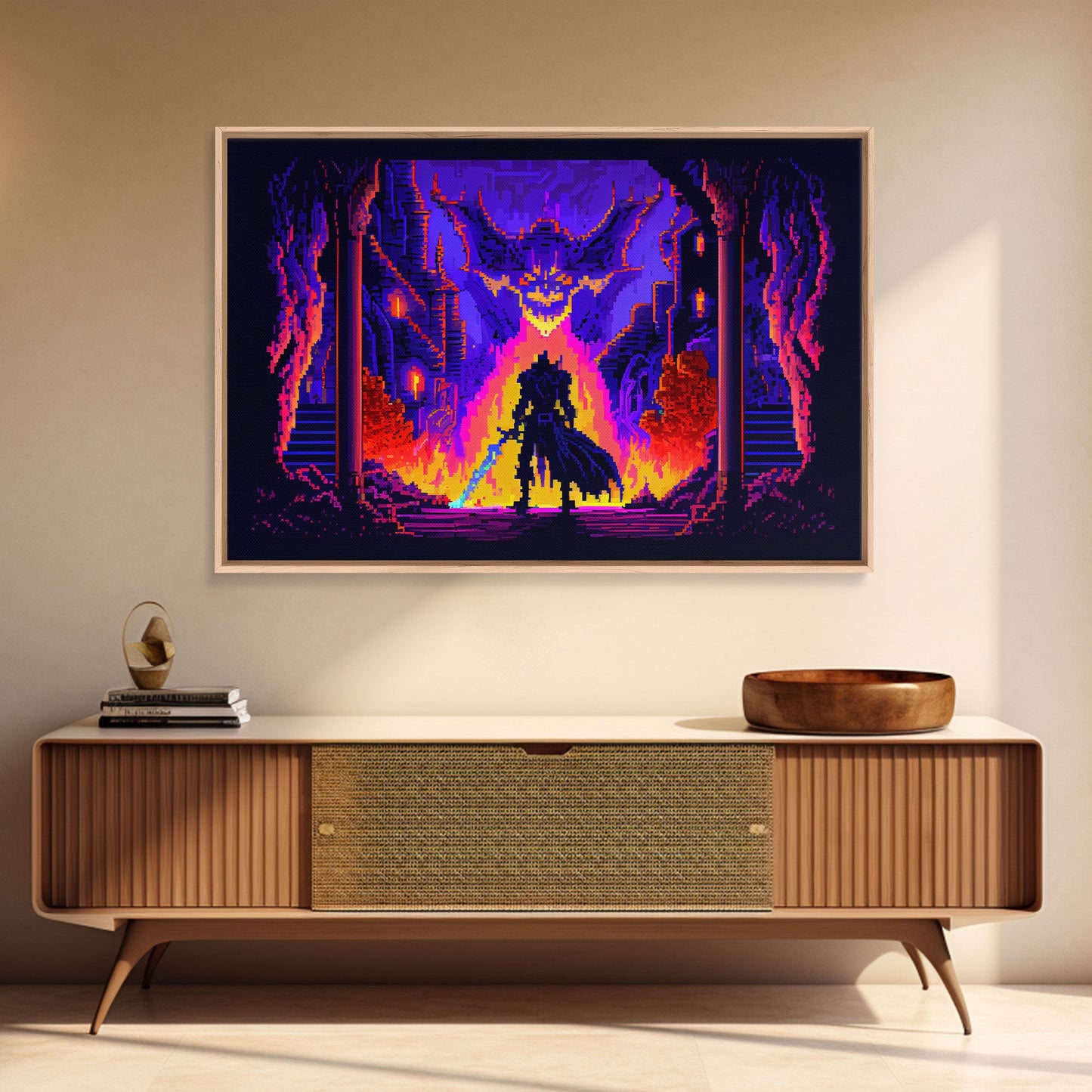 8 bit Pixel art, RPG video game concept art, Paladin faces the Dragon, synthwave style, framed canvas print