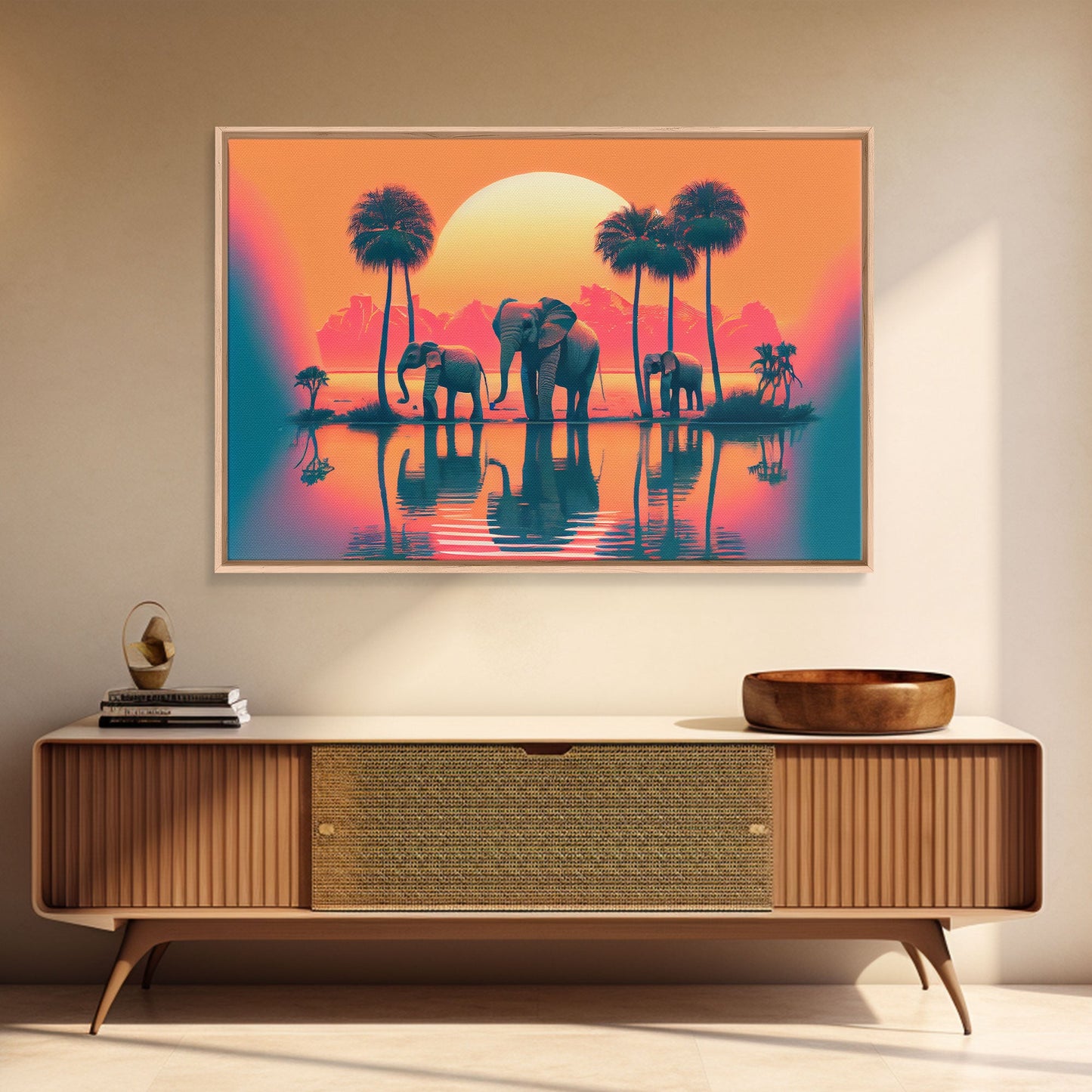 Sun beading down on a family of Elephants, framed canvas print