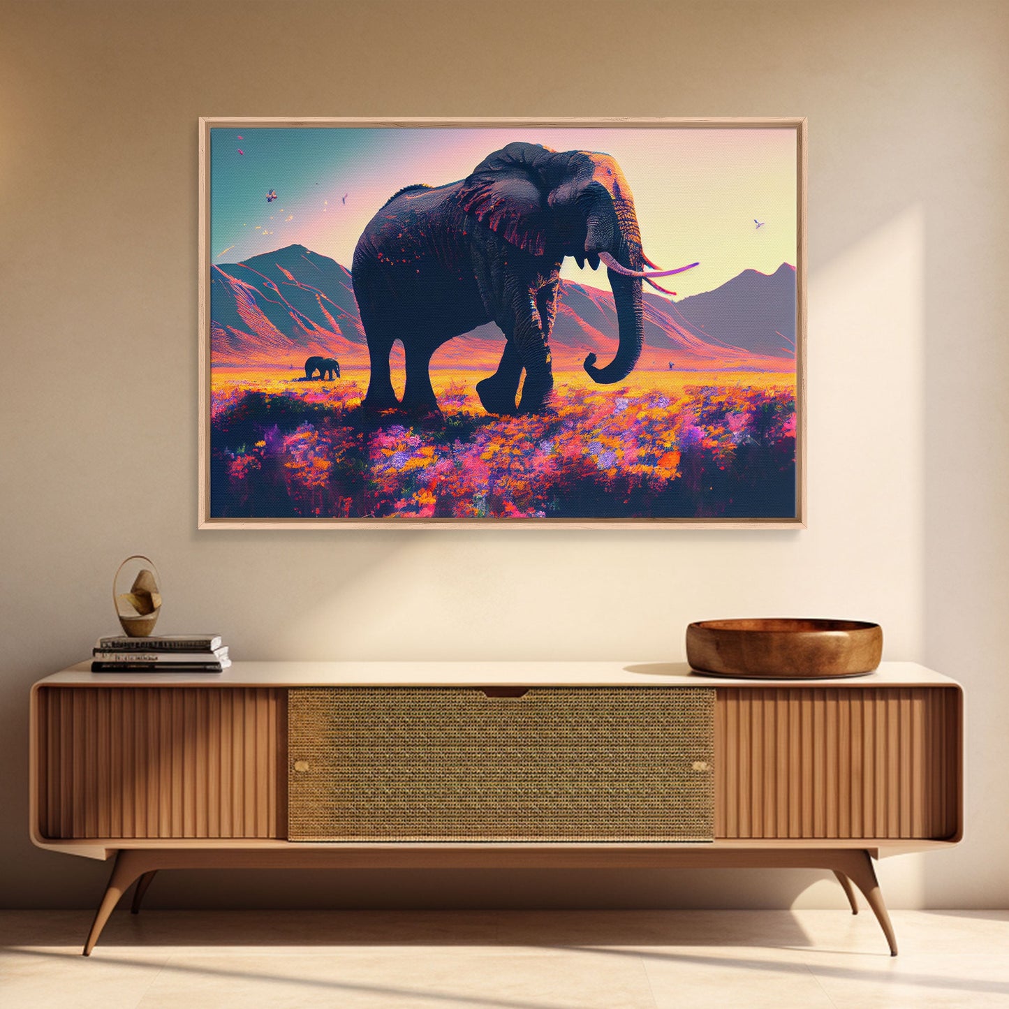 Elephants of Africa, Vibrant and colorful landscape, vaporwave, framed canvas print
