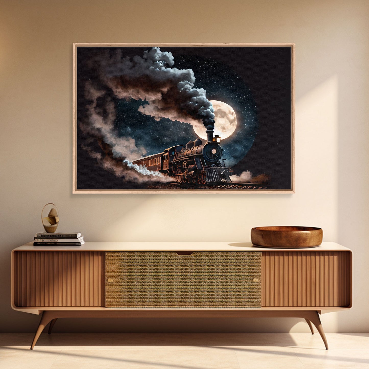 Steampunk Wild West Decor, Steam Train at Midnight, Framed Canvas Print