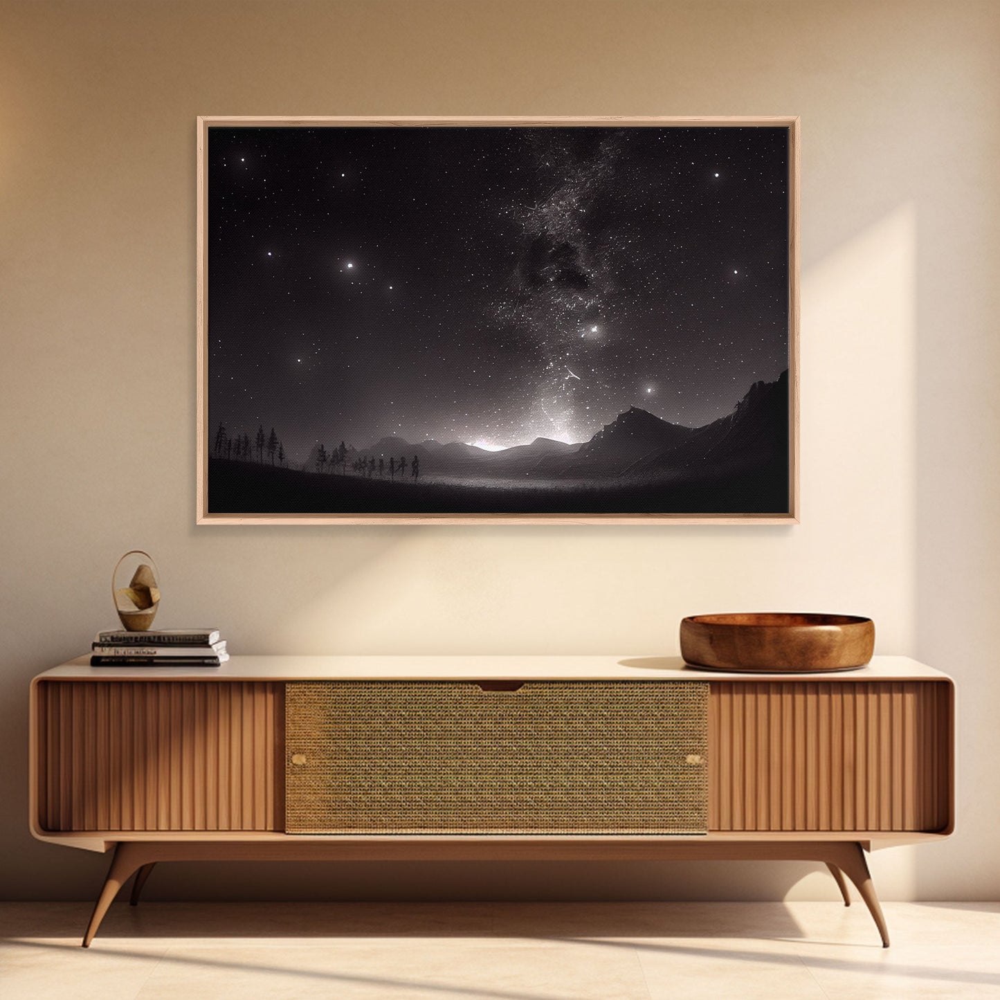 Black and white Watercolor of a starry night sky over a pine forest, framed canvas print