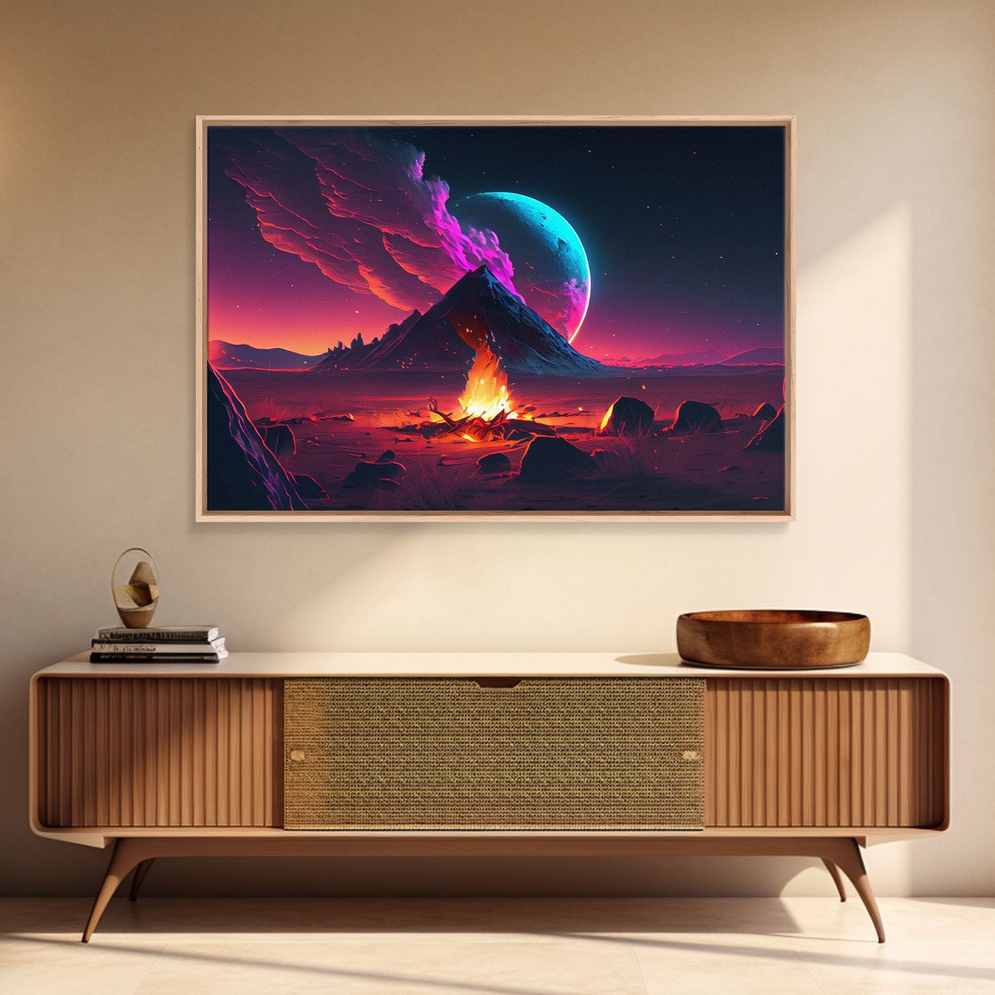 Campfire under a Full Moon, Framed canvas print, retro synthwave / outrun style primitive home decor
