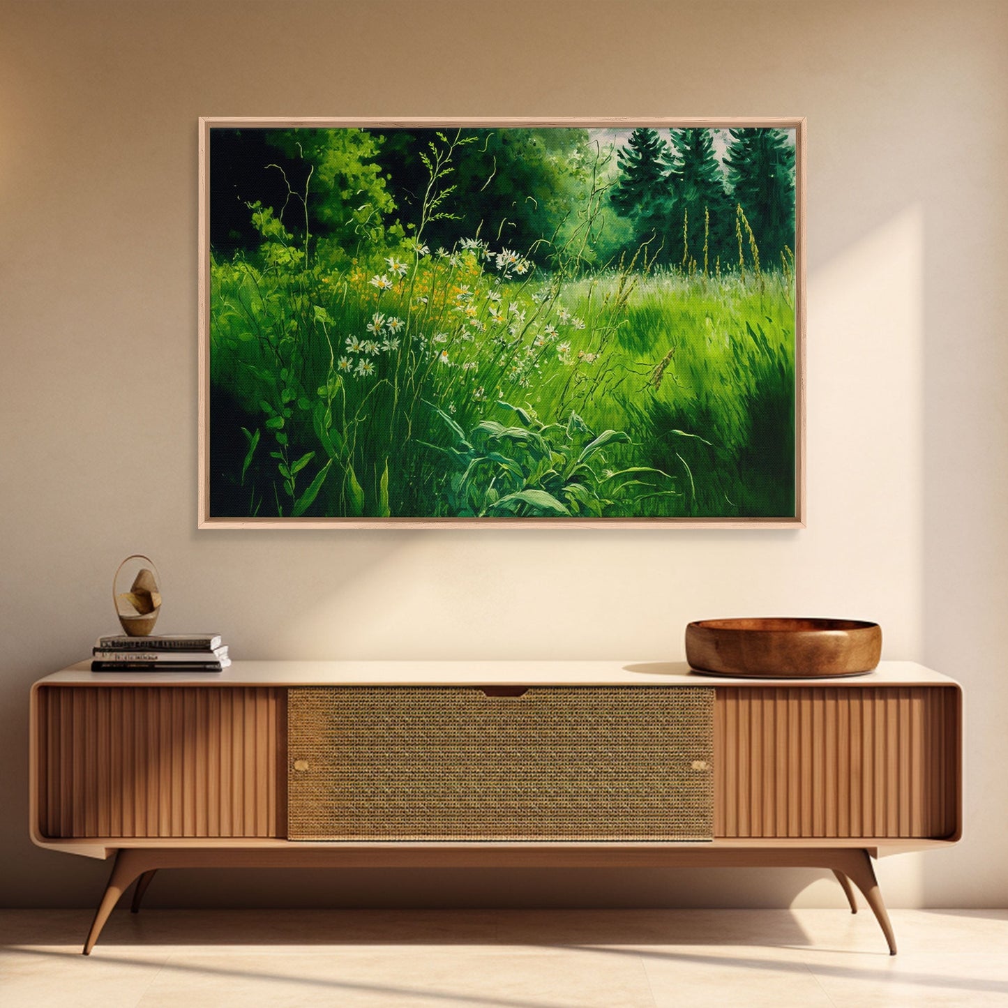 Beautiful field of wildflowers, Emerald green watercolor, framed canvas print, living room wall decor