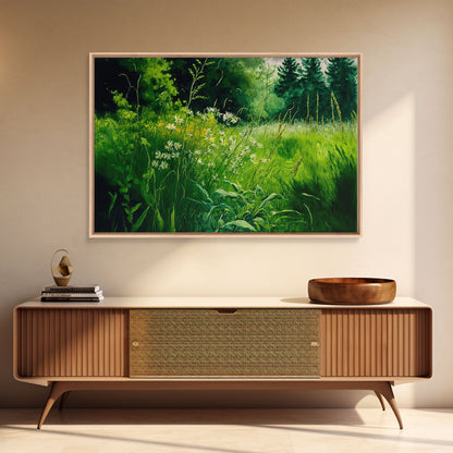 Beautiful field of wildflowers, Emerald green watercolor, framed canvas print, living room wall decor