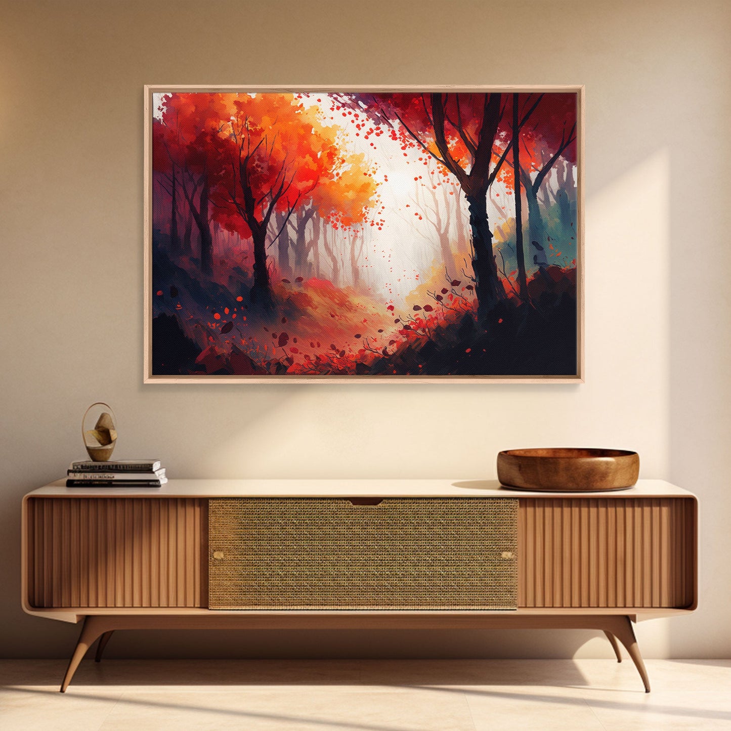 Autumn in the forest, orange and red leaves, framed canvas print, watercolor painting print on canvas, colorful wall art