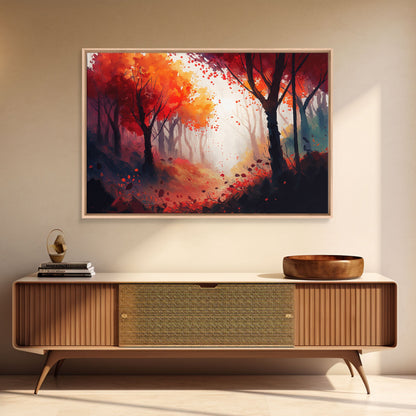 Autumn in the forest, orange and red leaves, framed canvas print, watercolor painting print on canvas, colorful wall art