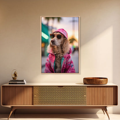 Cocker Spaniel In Sunglasses Pink Shirt Wall Print, Dog Portrait, Dog Art Print, Framed Wall Art, Framed Canvas, Wall Print, Wall Canvas