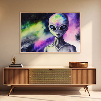 Psychedelic Intergalactic Alien Art, Watercolor Style, Framed Canvas Print, Scifi Wall Art