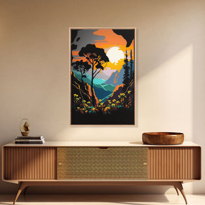 Colorful Pop Art Picture of a Mountain and Forest Landscape, Framed Canvas Print, Surrealist High Contrast Cel Shaded Landscape Art