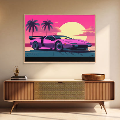 Classic sport car Wall Art, Framed Canvas Print, Guest room art, Beautiful sunset, Synthwave Style, Pink Colors, Pop Art Style, Tropical art
