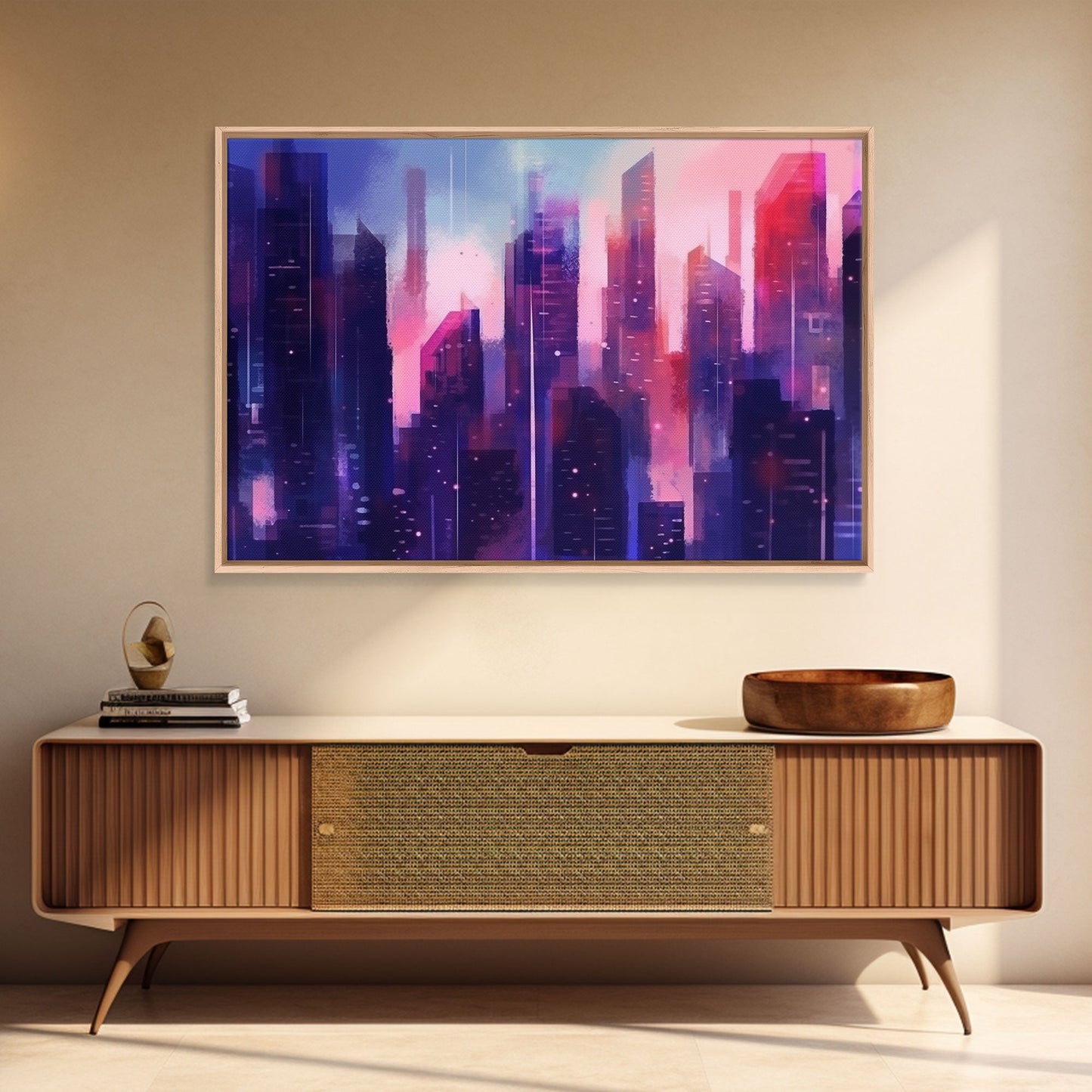 Buildings Wall Art - Framed Canvas Print - Original painting - Vaporwave Style - Watercolor colors - Pop Art Style - Living room art