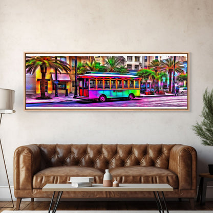 Colorful Vibrant Tram Wall Art, Palm Trees Art Print, Colored Pencil Sketch, Framed Canvas, Abstract Art, Panoramic, Wall Art, Canvas Print