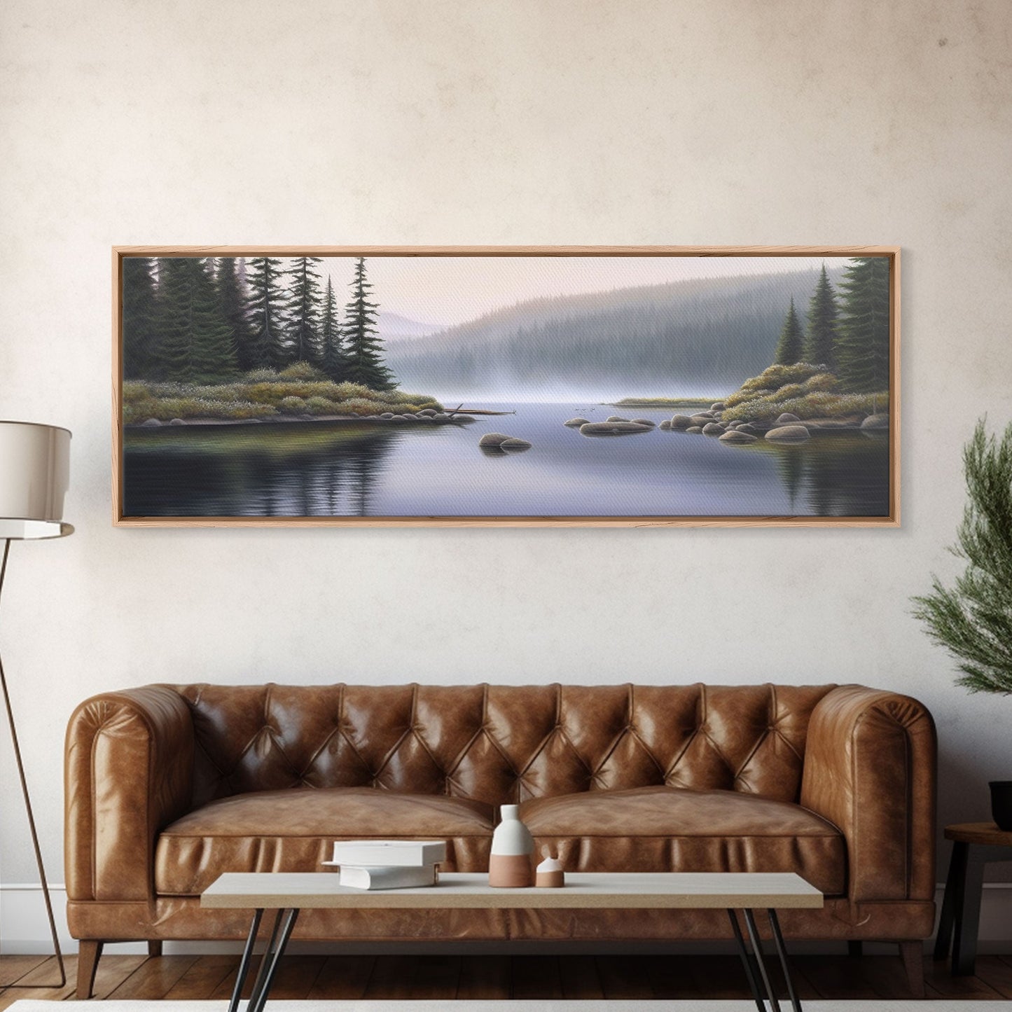 Colored Pencil Landscape Wall Art Print, Riverbank, River, Trees, Mountain, Nature Large Canvas Art Print, Panoramic, Wall Art, Canvas Print