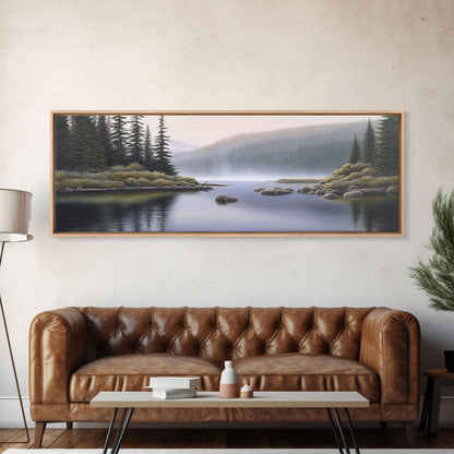 Colored Pencil Landscape Wall Art Print, Riverbank, River, Trees, Mountain, Nature Large Canvas Art Print, Panoramic, Wall Art, Canvas Print