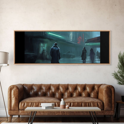 City Canvas Art Print, City Art, Dark Night Street Art, Urban Art, Neon Lights In City, Large Urban Art, Panoramic, Wall Art, Canvas Print