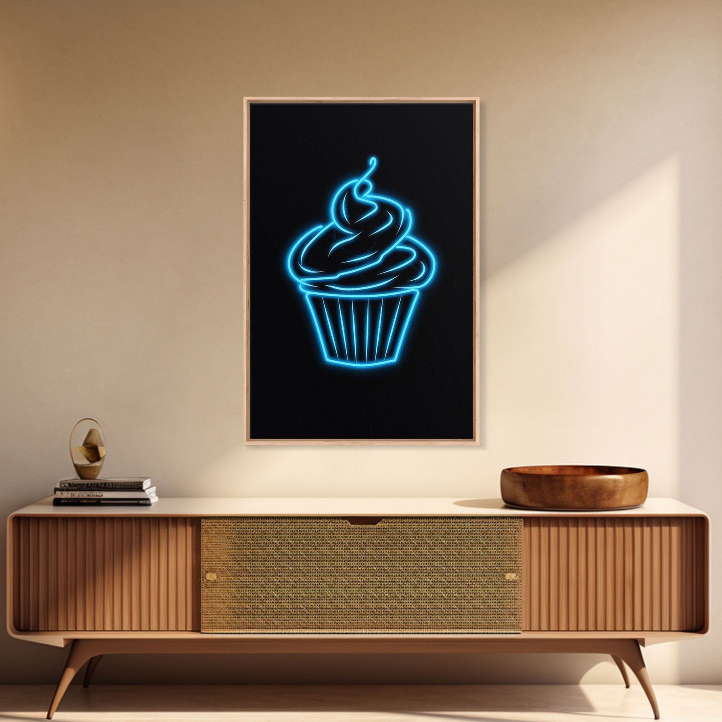 Blue Neon Lights Cupcake Wall Decor, Kitchen Wall Art, Glowing Art, Minimalist Print, Wall Decor, Canvas Print, Wall Art, Framed Canvas