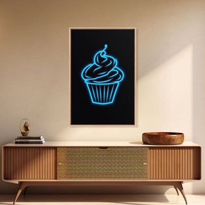 Blue Neon Lights Cupcake Wall Decor, Kitchen Wall Art, Glowing Art, Minimalist Print, Wall Decor, Canvas Print, Wall Art, Framed Canvas