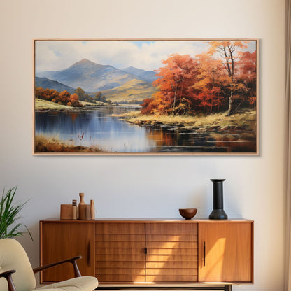 Autumn By The Lake, Framed Canvas Print, Original Landscape Painting, Fall Decor, Boho Minimalist Farmhouse Decor, Rustic Art