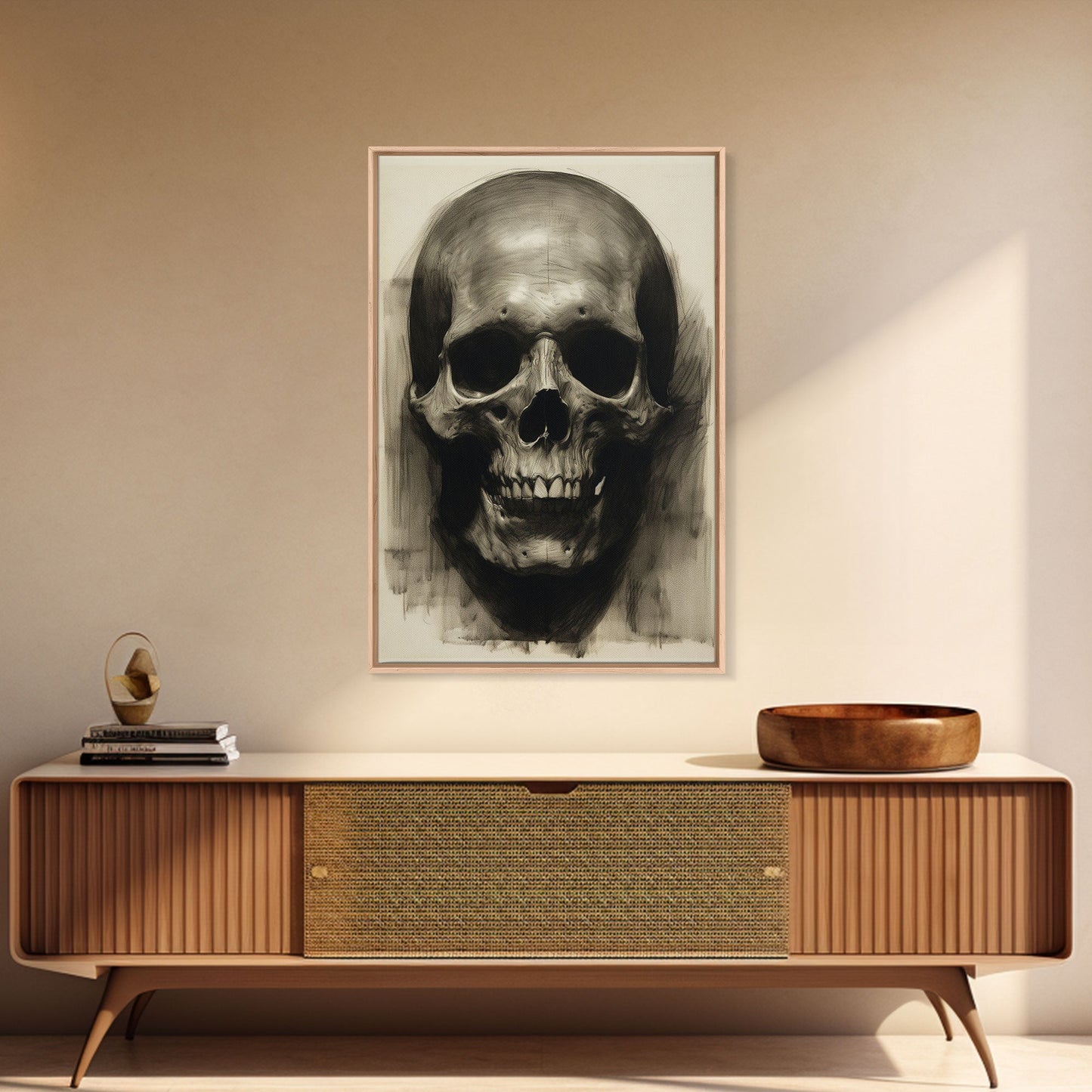 Charcoal Drawing, Gothic Art Print, Human Skull Decor, Canvas Print, Wall Art, Vertical Art, Entryway Prints, Wall Hanging, Birthday Gift
