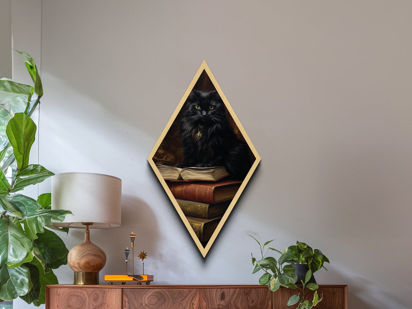 Black Cat with Spellbook and Antique Library Canvas Art Print, Dark Academia Diamond Shaped Art for Halloween Gothic Witch Decor