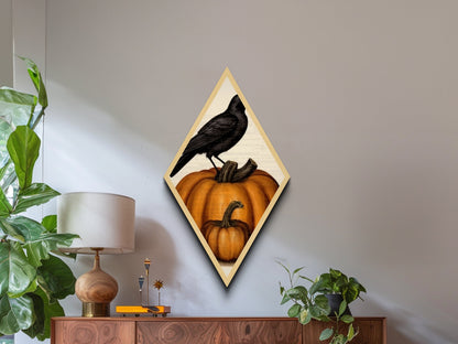 Black crow on stacked pumpkins Canvas Art Print in vintage Halloween aesthetic with dark farmhouse Diamond Shaped Art finish