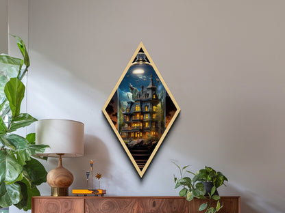 Viktorianisches Spukhaus in der Abenddämmerung – Rautenförmiger Kunstdruck auf Leinwand mit leuchtenden Fenstern – gotische Halloween-Dekoration