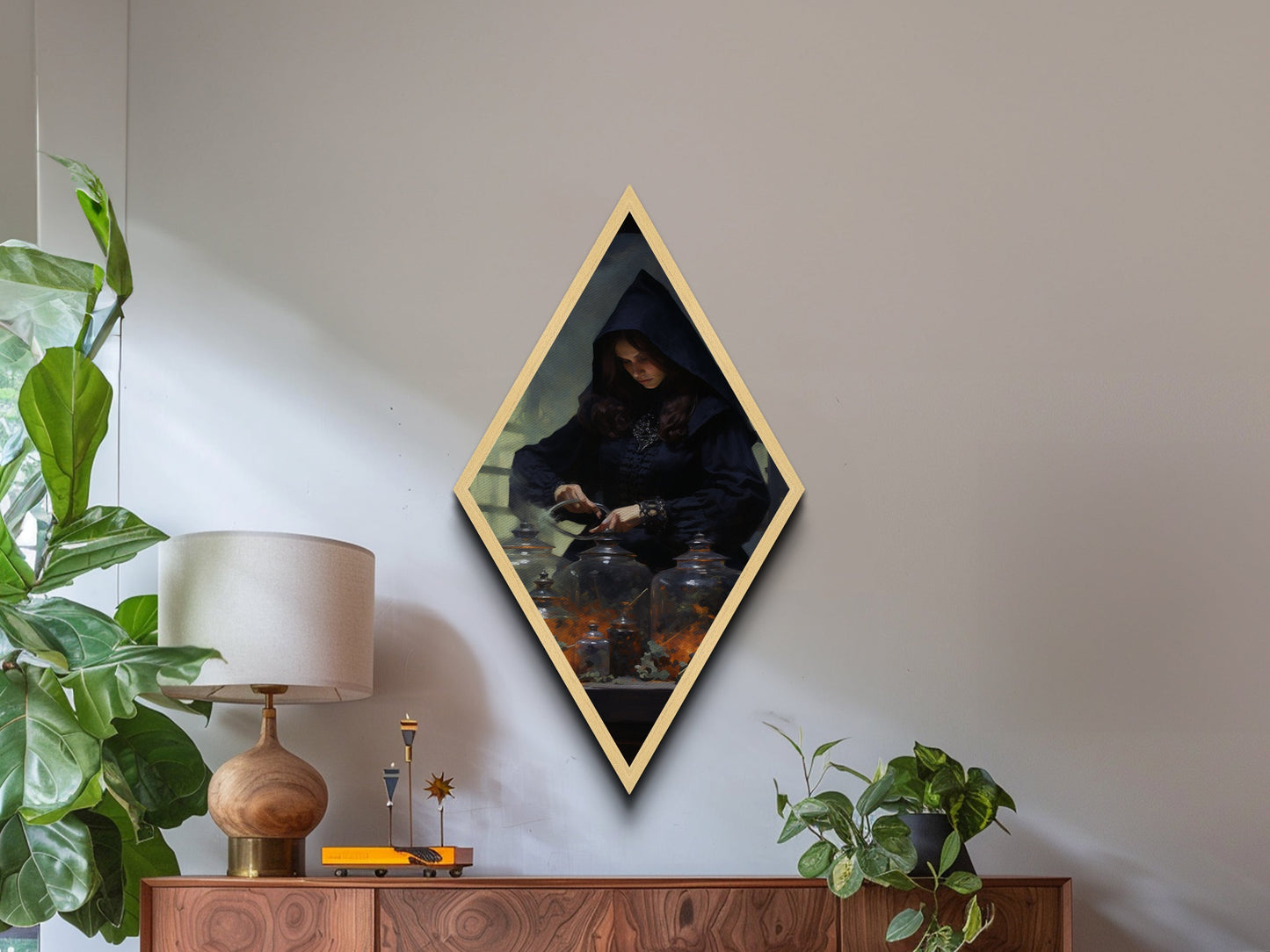 Viktorianische Hexe braut Zaubersprüche – Diamantförmiges Kunstwerk für Halloween – Leinwanddruck im düsteren Gothic-Stil