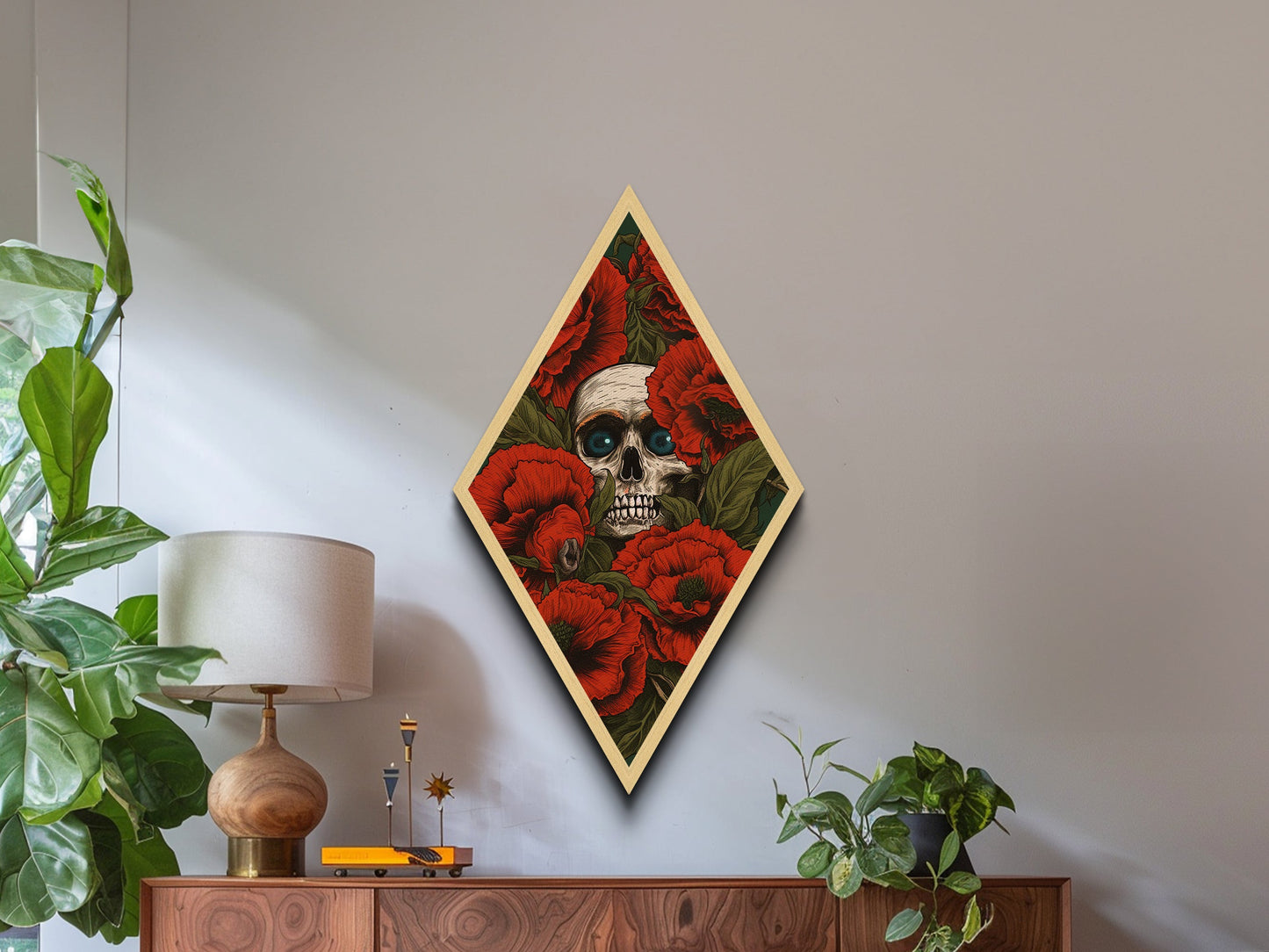 The Skull Amongst The Red Flowers, Spooky Halloween Wall Art, Diamond Shaped Art, Creepy Home Decor